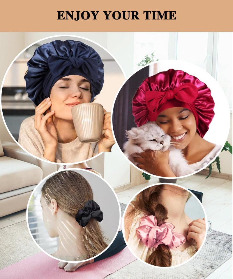 Heniho 2+3 Large Satin Bonnets with Scrunchies for Women, Hair Bonnet Sleeping Tie Bonnet for Braids Curly Hair, G - Image 5
