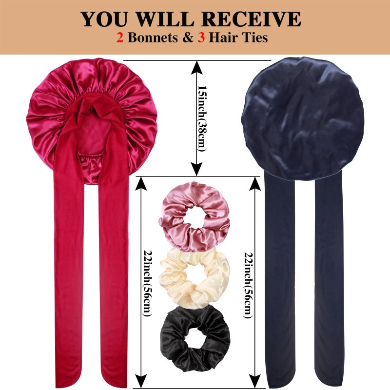 Heniho 2+3 Large Satin Bonnets with Scrunchies for Women, Hair Bonnet Sleeping Tie Bonnet for Braids Curly Hair, G - Image 2