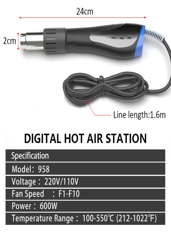 Handheld Hot Air Machine 600W High Power Hot Air Machine Portable Welding Tool Set LCD Digital Display With 7 Nozzles For Soldering SMD SMT Welding Repair Tool - Image 5