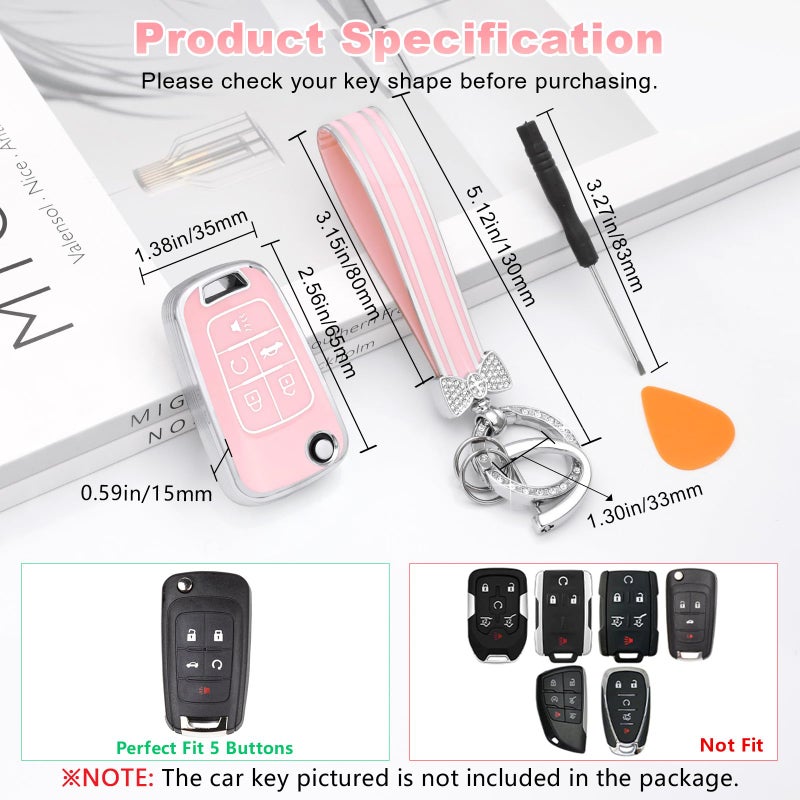 PIFOOG Key Fob Cover for Chevy 5 Button Malibu Equinox Camaro Cruze Trax Impala Sonic Pink Car Keys Case Shell Protector Bling Keychain Full Cover Accessories Cute Girly Women TPU - Image 2