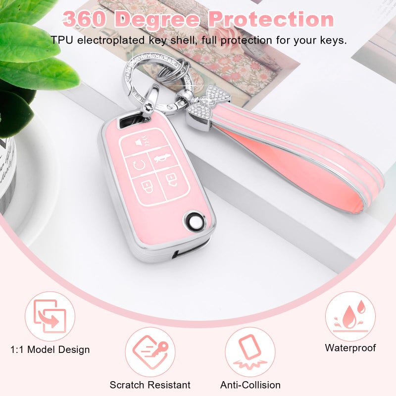 PIFOOG Key Fob Cover for Chevy 5 Button Malibu Equinox Camaro Cruze Trax Impala Sonic Pink Car Keys Case Shell Protector Bling Keychain Full Cover Accessories Cute Girly Women TPU - Image 3