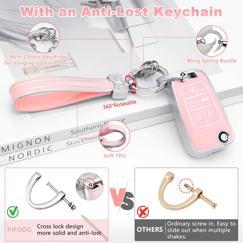 PIFOOG Key Fob Cover for Chevy 5 Button Malibu Equinox Camaro Cruze Trax Impala Sonic Pink Car Keys Case Shell Protector Bling Keychain Full Cover Accessories Cute Girly Women TPU - Image 5