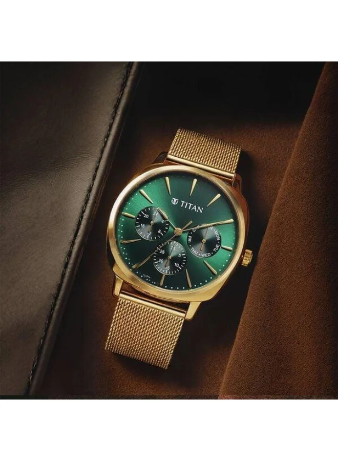تيتان Classique Suave Quartz Multifunction Green Dial Gold Stainless Steel Strap Watch for Men - 90189YM01