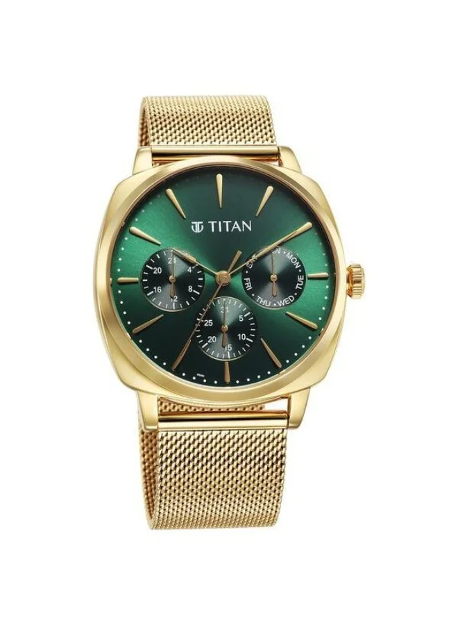 تيتان Classique Suave Quartz Multifunction Green Dial Gold Stainless Steel Strap Watch for Men - 90189YM01