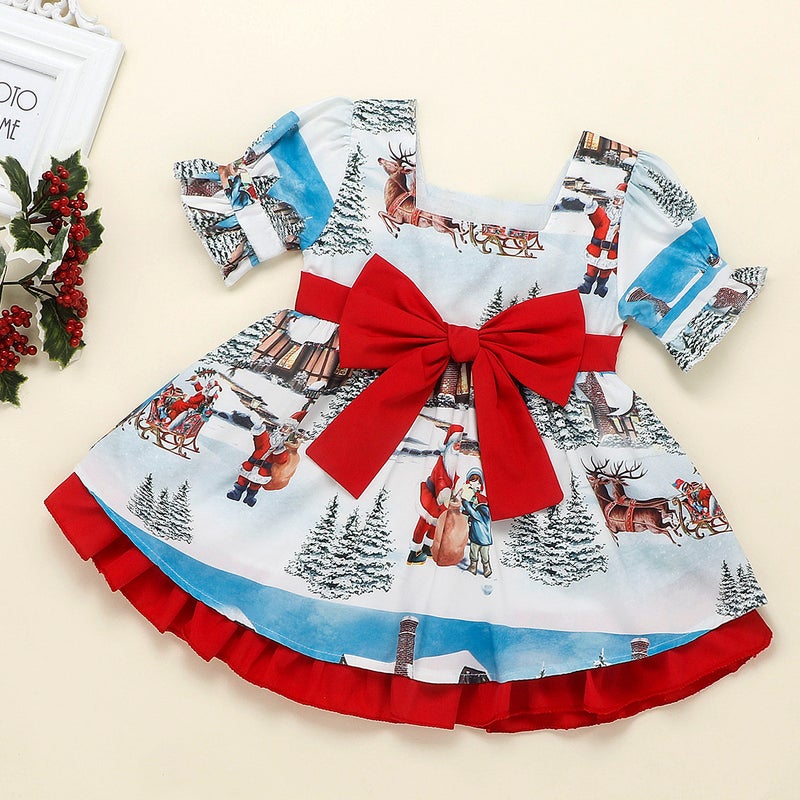 Kids Christmas Santa Print Dress with Bow Light Blue