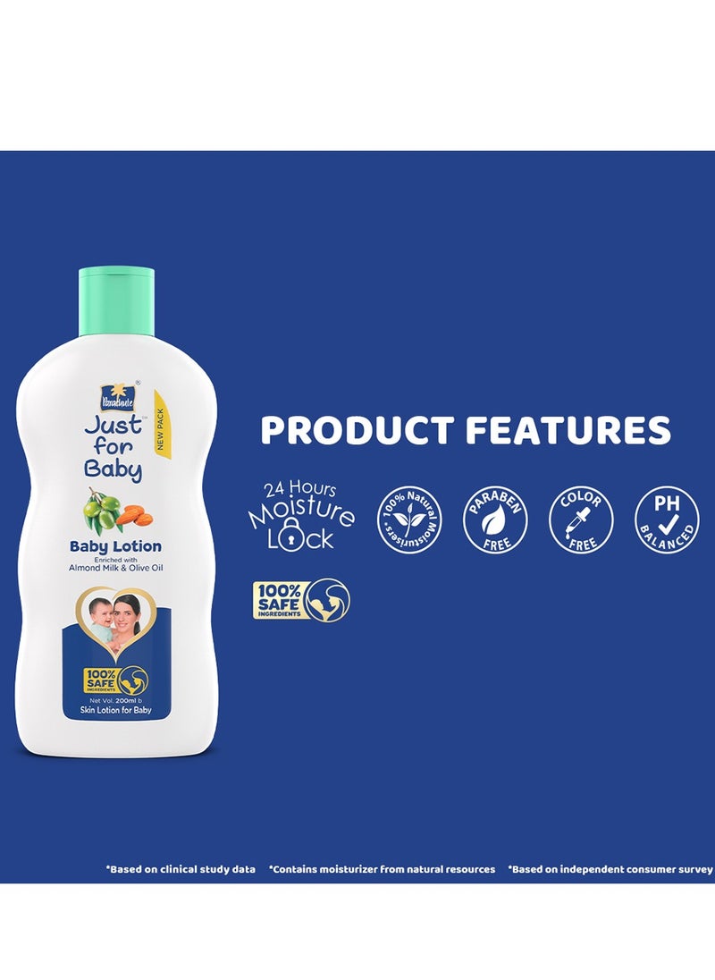 Parachute Parachute Just For Baby - Baby Lotion With 24 Hours Skin Dryness Protection| Enriched with Almond Milk and Olive Oil | 100% Natural Moisturisers | Paraben and Color Free - 200ml  - Image 2