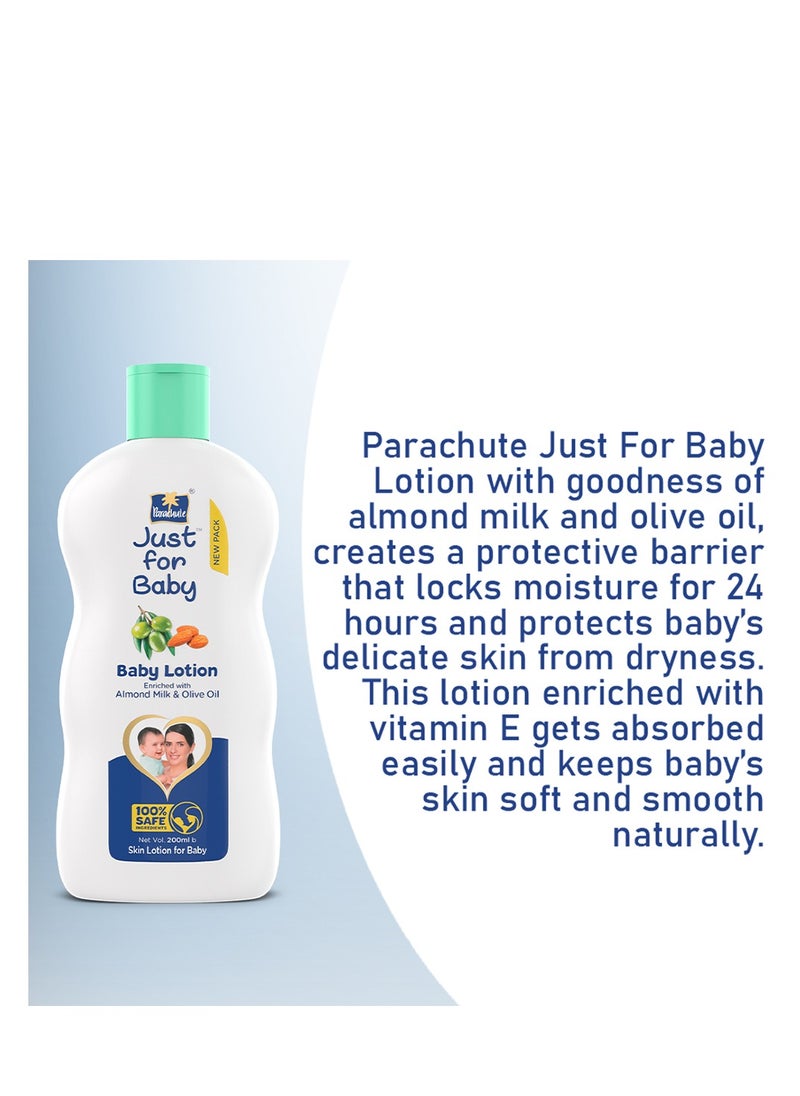 Parachute Parachute Just For Baby - Baby Lotion With 24 Hours Skin Dryness Protection| Enriched with Almond Milk and Olive Oil | 100% Natural Moisturisers | Paraben and Color Free - 200ml  - Image 4