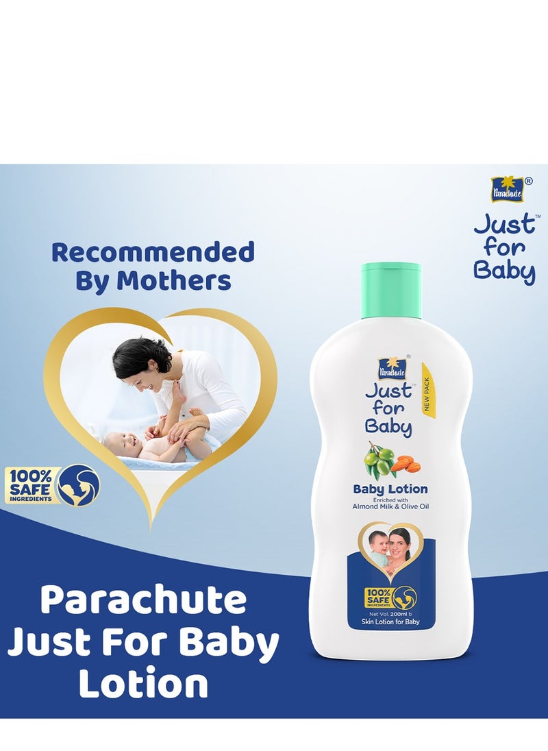 Parachute Parachute Just For Baby - Baby Lotion With 24 Hours Skin Dryness Protection| Enriched with Almond Milk and Olive Oil | 100% Natural Moisturisers | Paraben and Color Free - 200ml  - Image 3