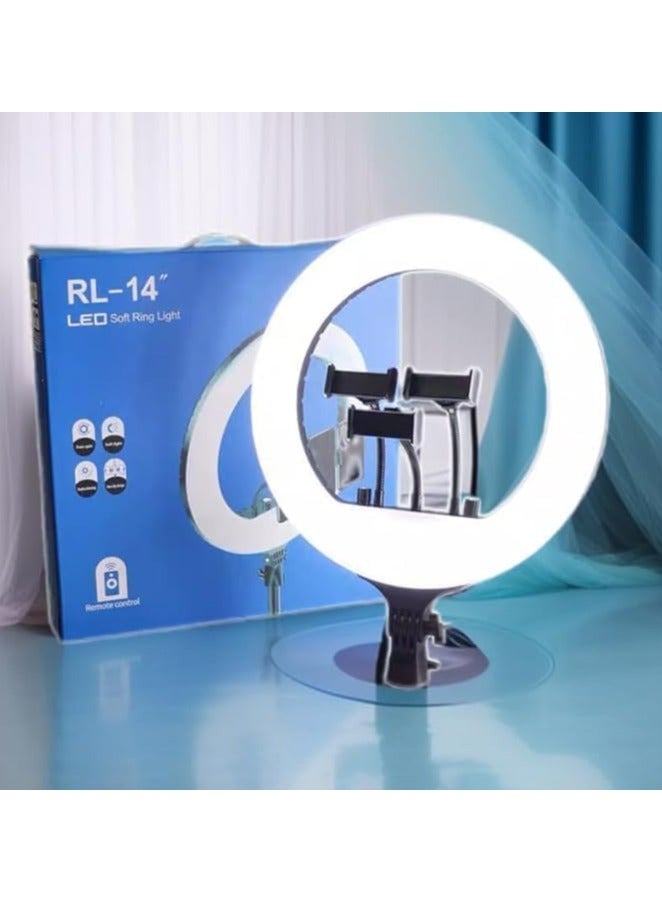 مصباح دائري LED RL-14 ، مصباح دائري ناعم مقاس 14 بوصة للهواتف الذكية ، كاميرا ، مقاطع فيديو YouTube TikTok مع حامل ثلاثي القوائم و 3 حوامل للهواتف - Image 1