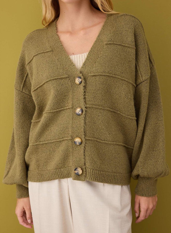 trendyol Khaki Soft Textured Wide Fit Knitwear Cardigan - Image 3