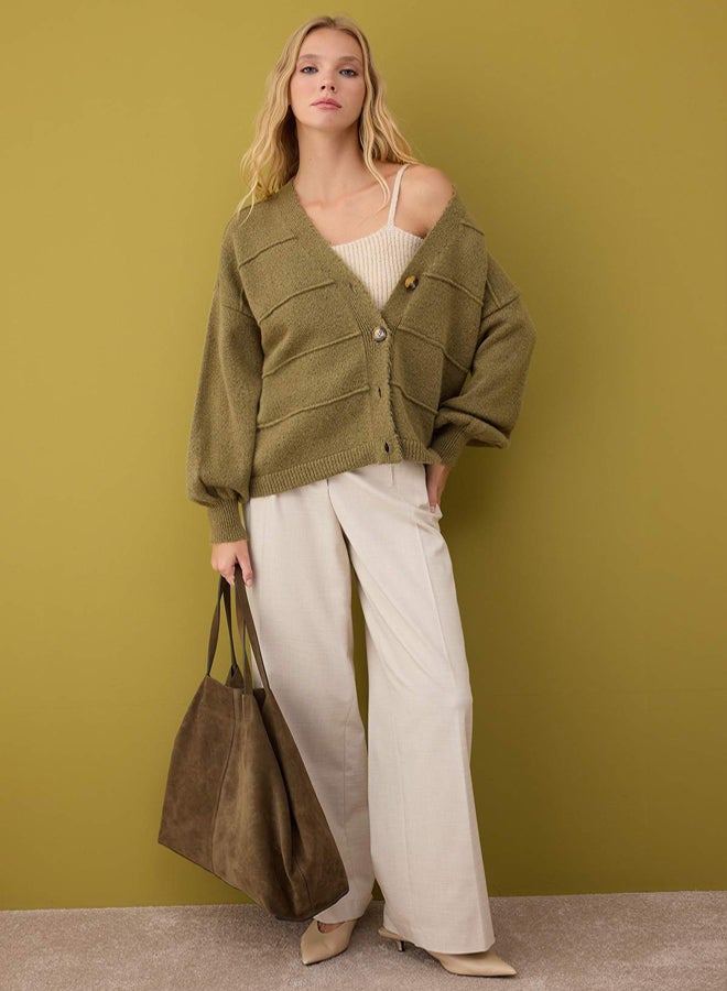 trendyol Khaki Soft Textured Wide Fit Knitwear Cardigan - Image 2