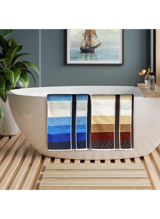 White Rose 4 Piece Bathroom Towel Set ZICZAC 500 GSM 100% Cotton Velour 2 Bath Towel 70X140 cm & 2 Hand Towel 50x90 cm Blue & Brown Color Modern Stripe Design Luxury Touch Extra Absorbent  - Image 2