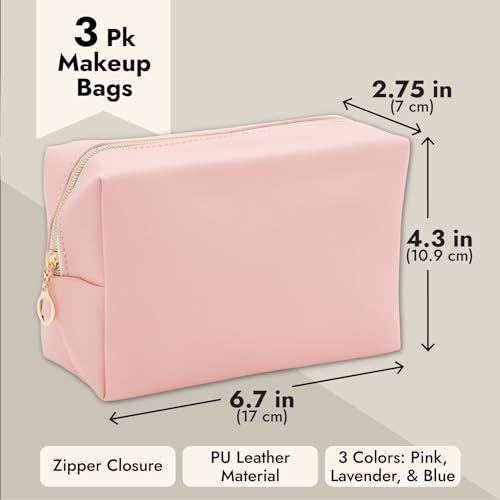 Glamlily 3 Pack Faux Leather Makeup Bag with Zipper, Travel Cosmetic Pouches (3 Pastel Colors) - Image 3