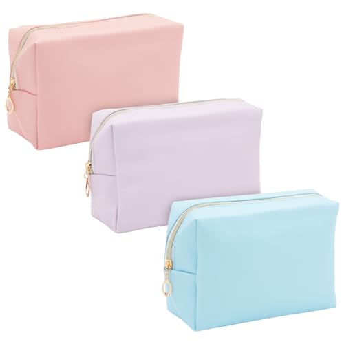 Glamlily 3 Pack Faux Leather Makeup Bag with Zipper, Travel Cosmetic Pouches (3 Pastel Colors) - Image 1