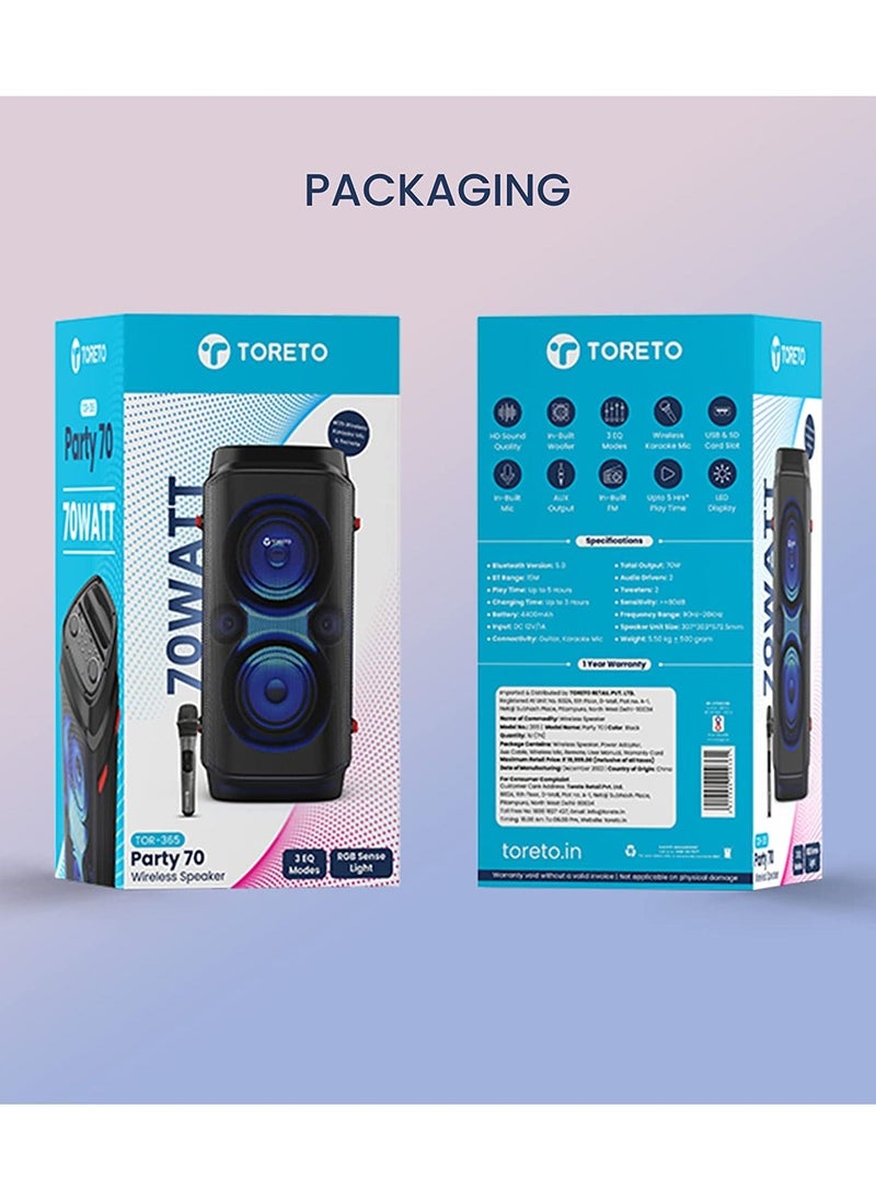 Toreto - TOR-365 Party 70 Wireless Bluetooth Party Speaker| 70Watt Signature Deep Bass Sound | Dynamic Running Sense RGB Light| Digital Karaoke Mic - Image 1