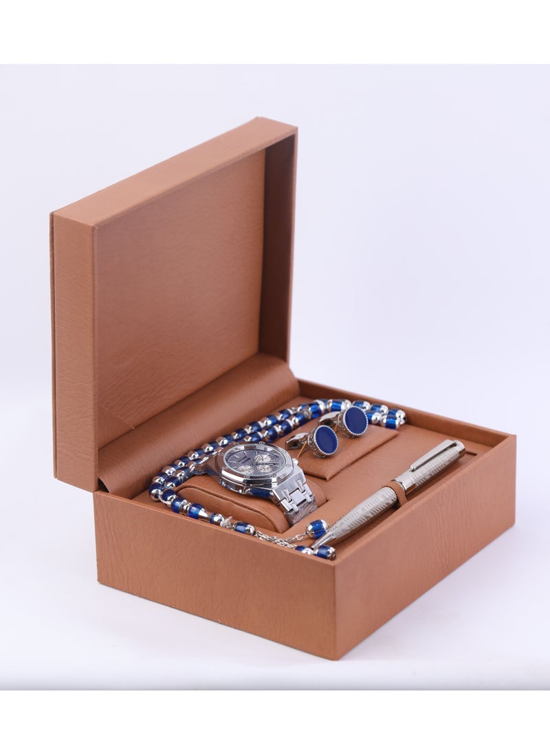 طقم ساعة هدية يتكون من ساعة مغناطيسية وقلم و 2 زر كم ومسبحة - Image 2