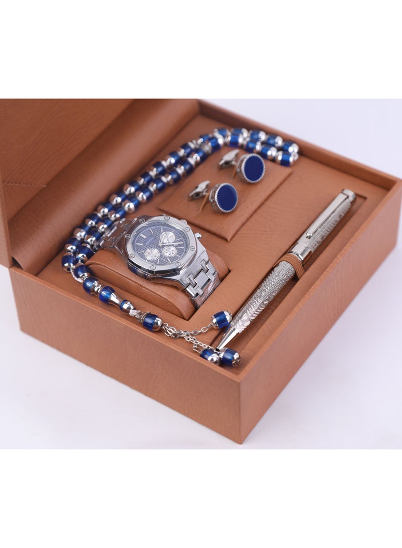 طقم ساعة هدية يتكون من ساعة مغناطيسية وقلم و 2 زر كم ومسبحة - Image 3