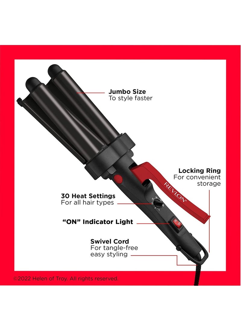 Revlon Wave Master Jumbo Waver with Three-Prong Jumbo Barrels, Tourmaline Ceramic Coating, 30 Heat Settings Up to 190°C - RVIR3056UKE, Black