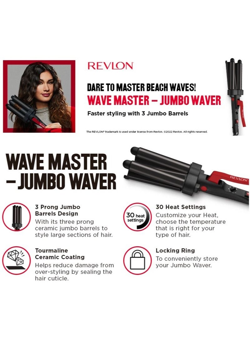 Revlon Wave Master Jumbo Waver with Three-Prong Jumbo Barrels, Tourmaline Ceramic Coating, 30 Heat Settings Up to 190°C - RVIR3056UKE, Black