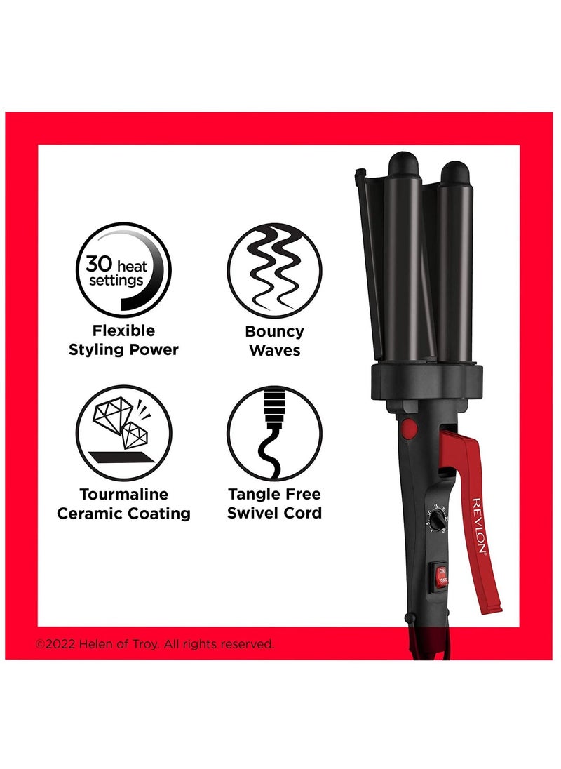 Revlon Wave Master Jumbo Waver with Three-Prong Jumbo Barrels, Tourmaline Ceramic Coating, 30 Heat Settings Up to 190°C - RVIR3056UKE, Black