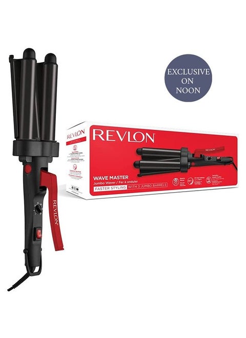 Revlon Wave Master Jumbo Waver with Three-Prong Jumbo Barrels, Tourmaline Ceramic Coating, 30 Heat Settings Up to 190°C - RVIR3056UKE, Black