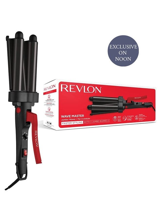 Revlon Wave Master Jumbo Waver with Three-Prong Jumbo Barrels, Tourmaline Ceramic Coating, 30 Heat Settings Up to 190°C - RVIR3056UKE, Black
