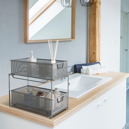 Deco Brothers DecoBrothers 2 Tier Bathroom Storage Organizer with Pull-Out Drawer, Silver - Image 5