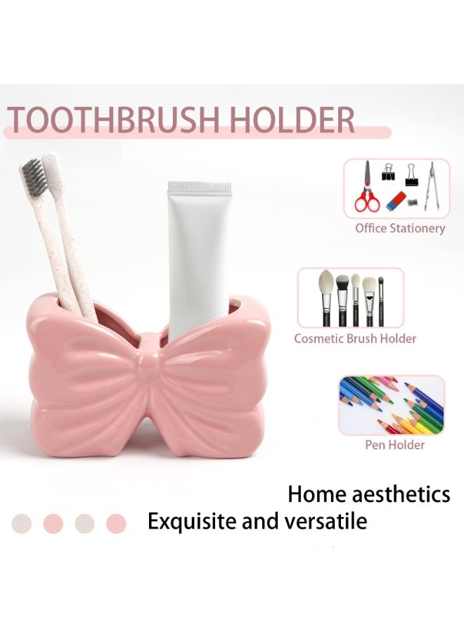 2-Slot Bow Shape Toothbrush Toothpaste Holder Pink Cute Bathroom Counter Storage Organizer For Electric Toothbrush Razor Floss - Image 4