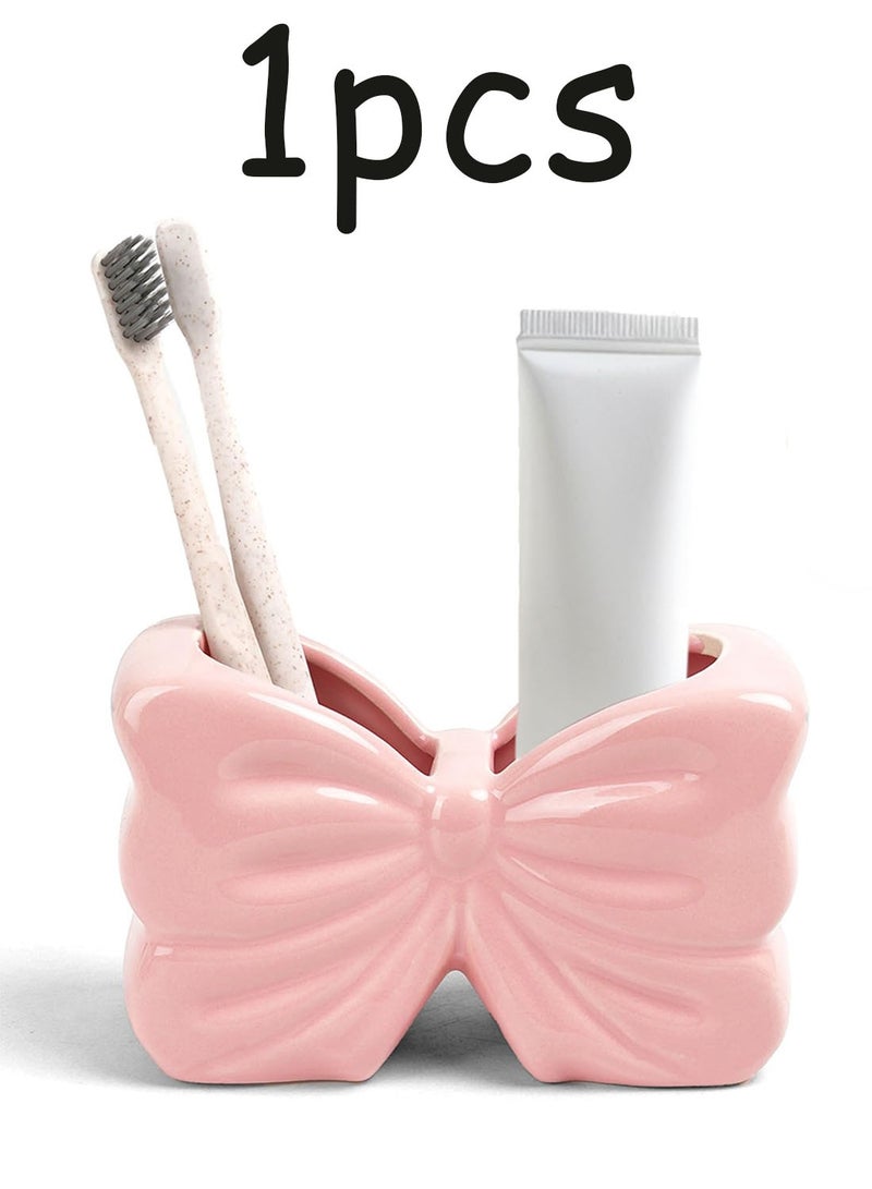 2-Slot Bow Shape Toothbrush Toothpaste Holder Pink Cute Bathroom Counter Storage Organizer For Electric Toothbrush Razor Floss - Image 1