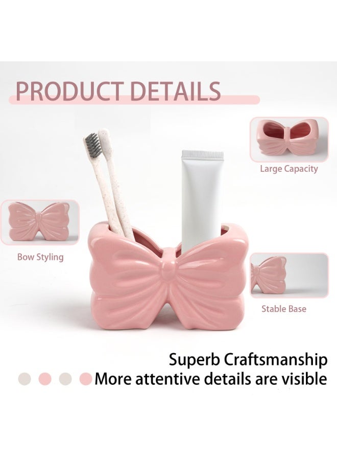 2-Slot Bow Shape Toothbrush Toothpaste Holder Pink Cute Bathroom Counter Storage Organizer For Electric Toothbrush Razor Floss - Image 2