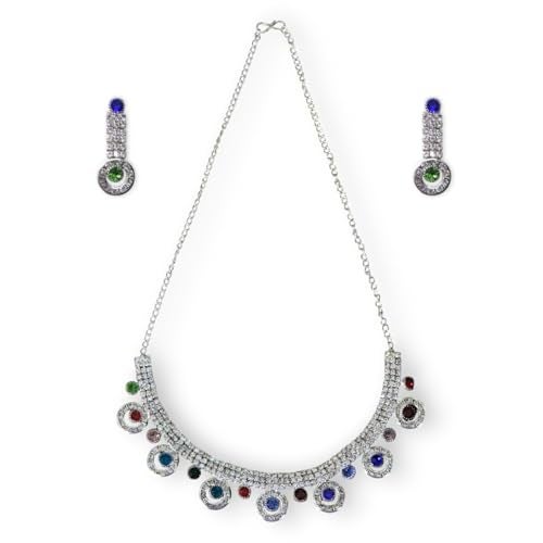 ACCESSHER Silver Tone American Diamond Studded Necklace Set, Fashionable Floral Choker With Earrings, Multicolour Embellished Jewellery Set for Women & Girls (Design 5) - Image 1