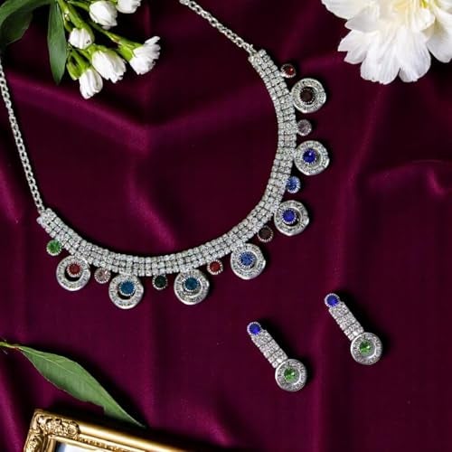 ACCESSHER Silver Tone American Diamond Studded Necklace Set, Fashionable Floral Choker With Earrings, Multicolour Embellished Jewellery Set for Women & Girls (Design 5) - Image 3