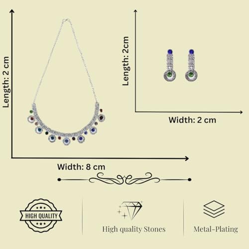 ACCESSHER Silver Tone American Diamond Studded Necklace Set, Fashionable Floral Choker With Earrings, Multicolour Embellished Jewellery Set for Women & Girls (Design 5) - Image 5