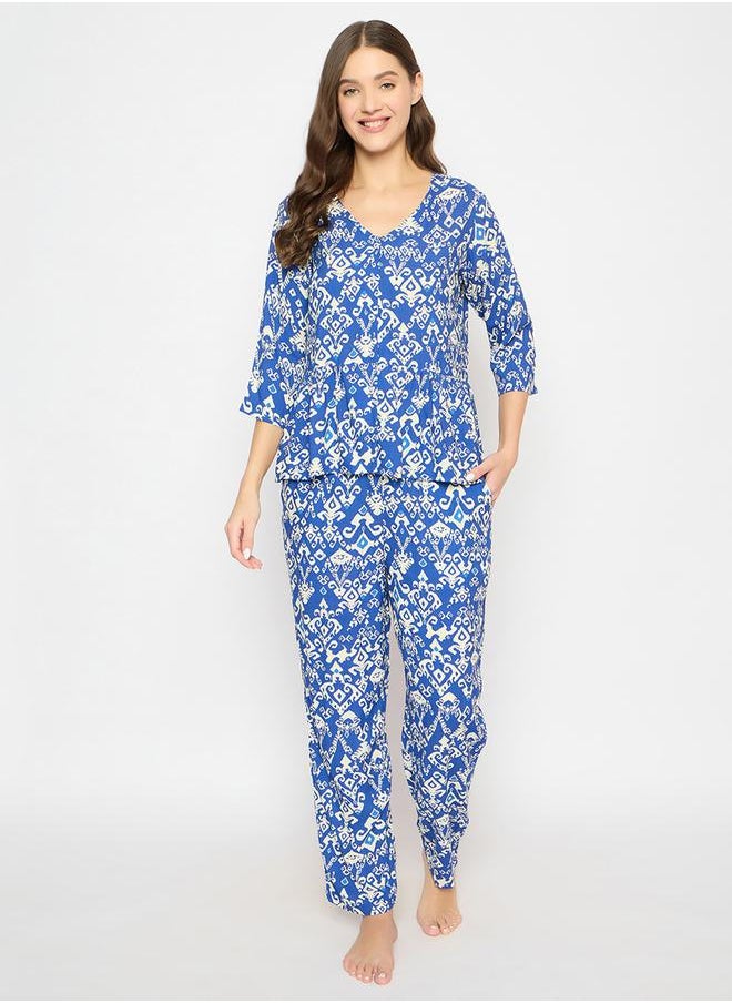 Clovia Women's Printed Peplum Top & Navy-Blue Pyjama Set by Styli  - Image 1