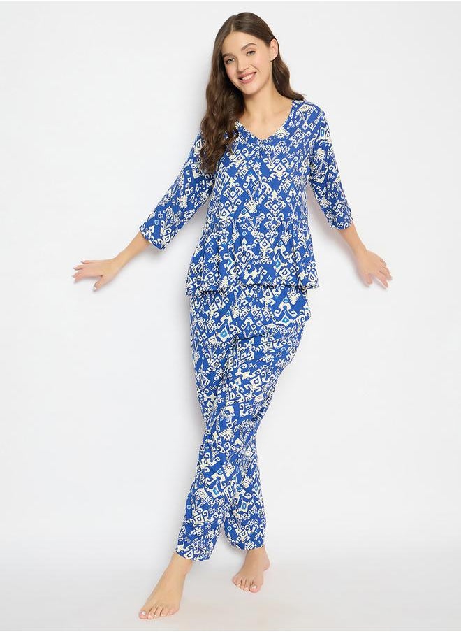 Clovia Women's Printed Peplum Top & Navy-Blue Pyjama Set by Styli  - Image 2
