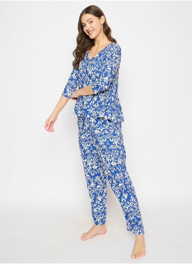 Clovia Women's Printed Peplum Top & Navy-Blue Pyjama Set by Styli  - Image 3