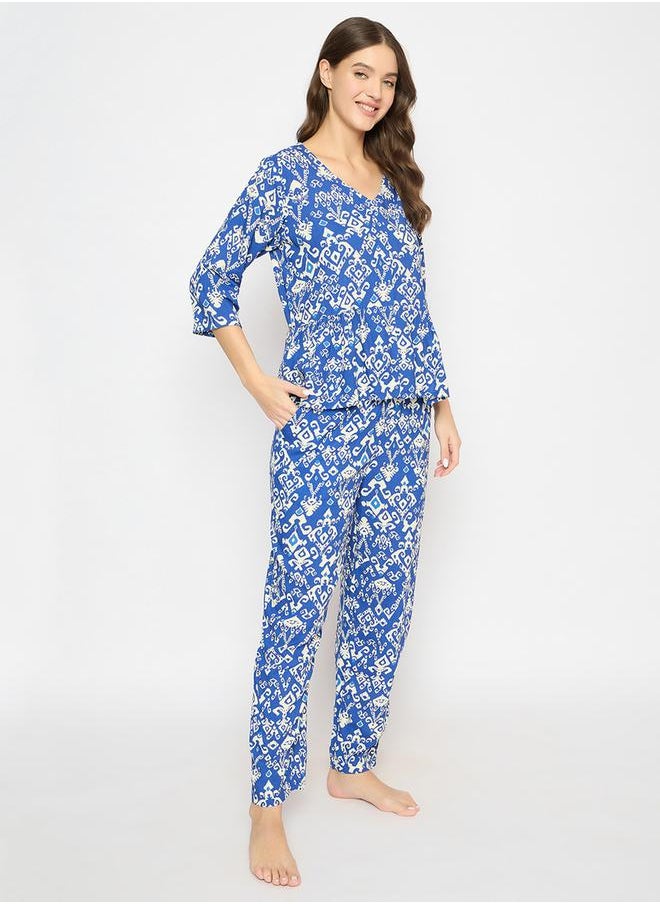 Clovia Women's Printed Peplum Top & Navy-Blue Pyjama Set by Styli  - Image 4
