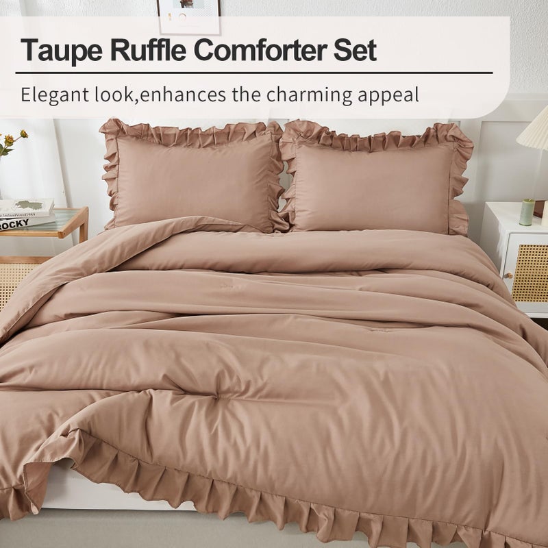 Andency Taupe King Comforter Set(104x90Inch)  3 Pieces(1 Ruffle Comforter and 2 Pillowcases) Lightweight and Fluffy Bedding Comforter Set  All Season Soft Microfiber Shabby Chic Bedding Set - Image 2