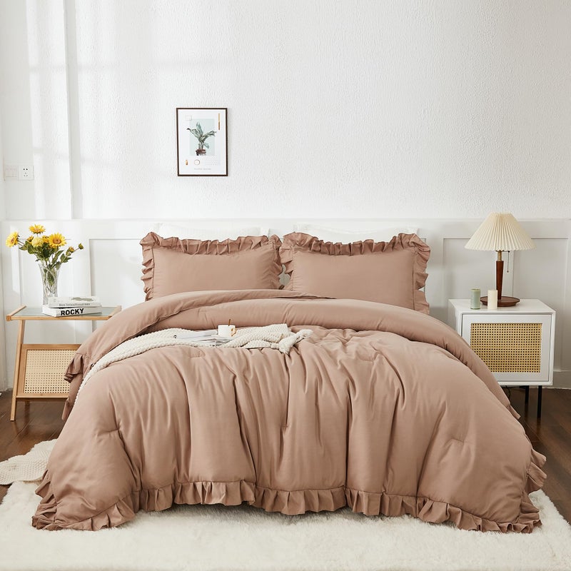 Andency Taupe King Comforter Set(104x90Inch)  3 Pieces(1 Ruffle Comforter and 2 Pillowcases) Lightweight and Fluffy Bedding Comforter Set  All Season Soft Microfiber Shabby Chic Bedding Set - Image 1