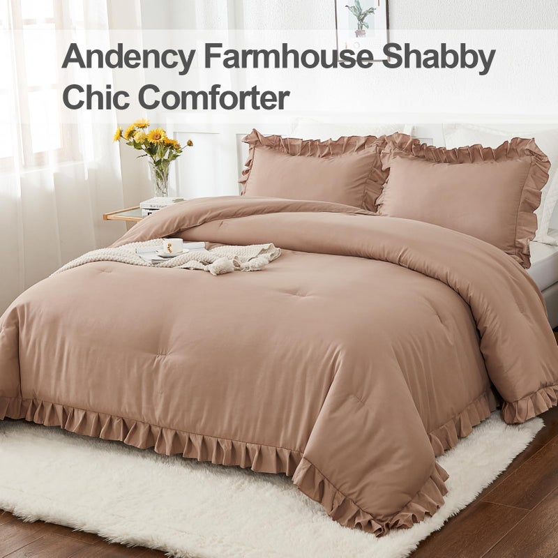 Andency Taupe King Comforter Set(104x90Inch)  3 Pieces(1 Ruffle Comforter and 2 Pillowcases) Lightweight and Fluffy Bedding Comforter Set  All Season Soft Microfiber Shabby Chic Bedding Set - Image 3