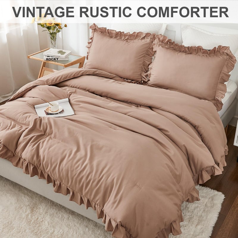 Andency Taupe King Comforter Set(104x90Inch)  3 Pieces(1 Ruffle Comforter and 2 Pillowcases) Lightweight and Fluffy Bedding Comforter Set  All Season Soft Microfiber Shabby Chic Bedding Set - Image 4