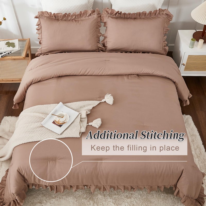 Andency Taupe King Comforter Set(104x90Inch)  3 Pieces(1 Ruffle Comforter and 2 Pillowcases) Lightweight and Fluffy Bedding Comforter Set  All Season Soft Microfiber Shabby Chic Bedding Set - Image 5