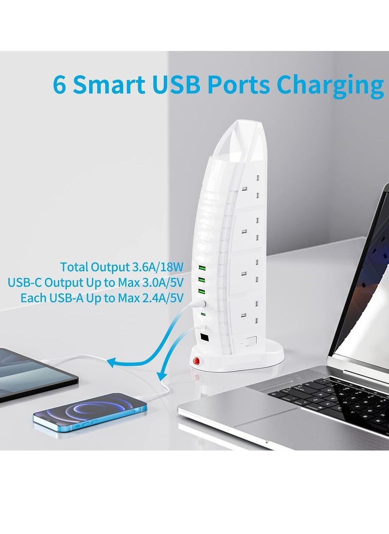 Generic Tower Extension Lead with USB – 8 Way Outlets & 6 USB Ports (2 Type-C, 4 USB) – 3.6A Vertical Power Strip with 2M Cable  - Image 3