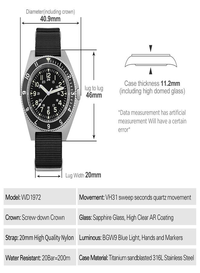 watchdives VH31 Quartz Watch, Military Diver Watches Sapphire Crystal Luxury Wristwatch 200m Waterproof Watch for Men (Black/No Logo) - Image 2