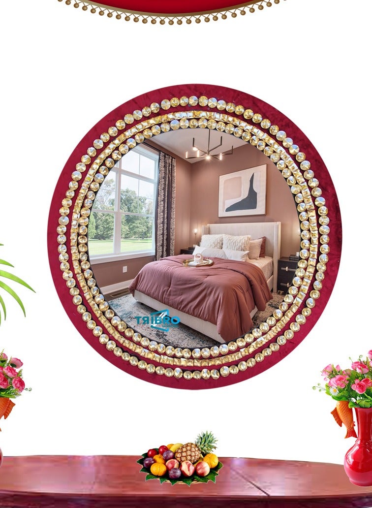 TriBro Elegant Frame Round Shape Handmade Wall Mirror in Red and Gold colour Hanging Wall mirror For Bedroom Livingroom and hallway 45 * 45cm - Image 3