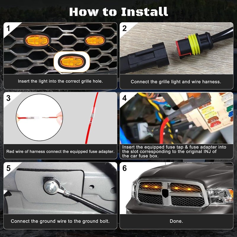 FICOLPO 4 Pcs LED Grill Lights for 2013-2018 RAM 1500 & 2019-2024 RAM 1500 Classic - Amber Front Grille Lights with Fuse and Harness - Image 5