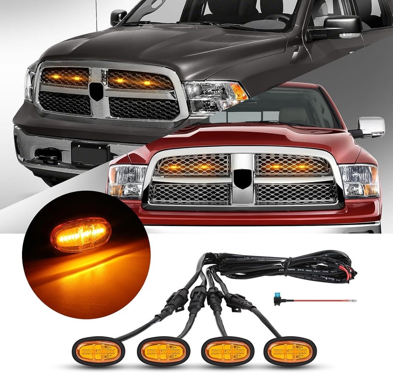 FICOLPO 4 Pcs LED Grill Lights for 2013-2018 RAM 1500 & 2019-2024 RAM 1500 Classic - Amber Front Grille Lights with Fuse and Harness - Image 1
