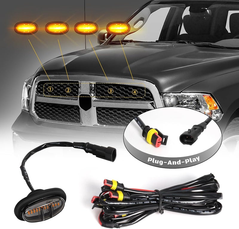 FICOLPO 4 Pcs LED Grill Lights for 2013-2018 RAM 1500 & 2019-2024 RAM 1500 Classic - Amber Front Grille Lights with Fuse and Harness - Image 4