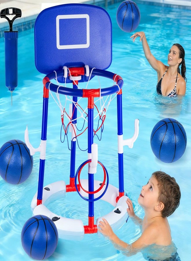 Taotuo Blue Floating Pool Basketball Hoop with Backboard, 2-in-1 Basketball & Ring Toss Game with 4 Balls, 6 Rings&Pump, Summer Pool Toys Outdoor Water Fun Family Party for Age 3-12 - Image 1