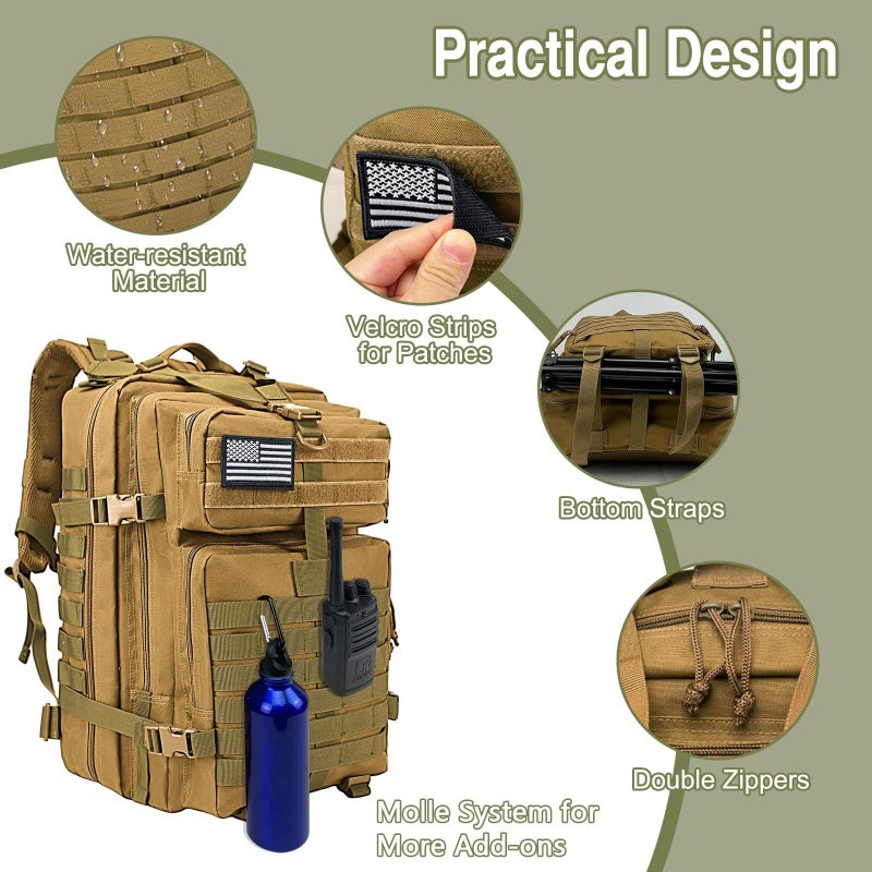 WOLT Military Tactical Backpack for Men 45L Molle Backpack 3 Day Assault Pack Bug Out Bag, Heavy Duty Rucksack for Hiking Gym(Khaki) - Image 3